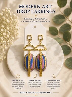 Modern Art Drop Earrings - Gold with Blue & Pink Accents